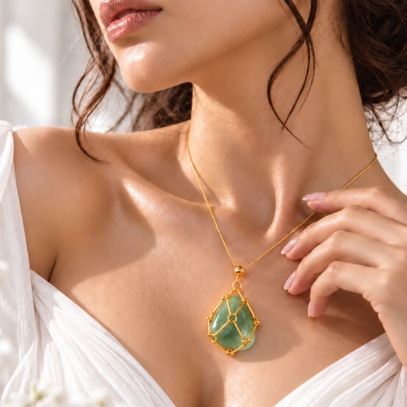 Green Aventurine Elara Woven Heart 18K Real Gold Plated Necklace
