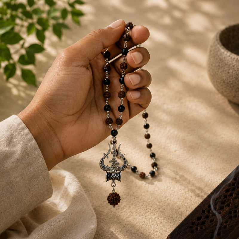 Karungali & Rudraksha Trishul Pendant Necklace