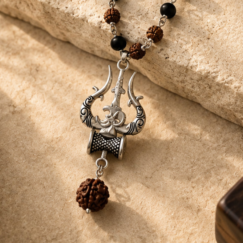 Karungali & Rudraksha Trishul Pendant Necklace