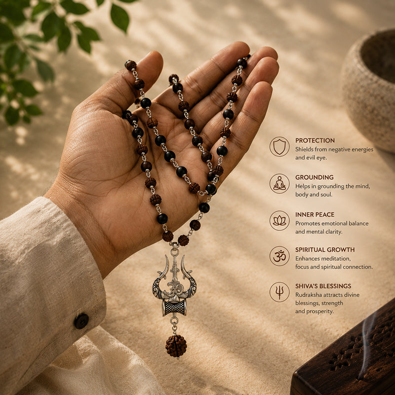 Karungali & Rudraksha Trishul Pendant Necklace