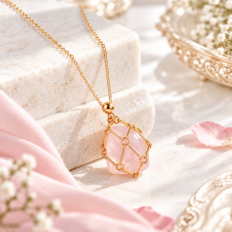 Rose Quartz Elara Woven Heart 18K Real Gold Plated Necklace