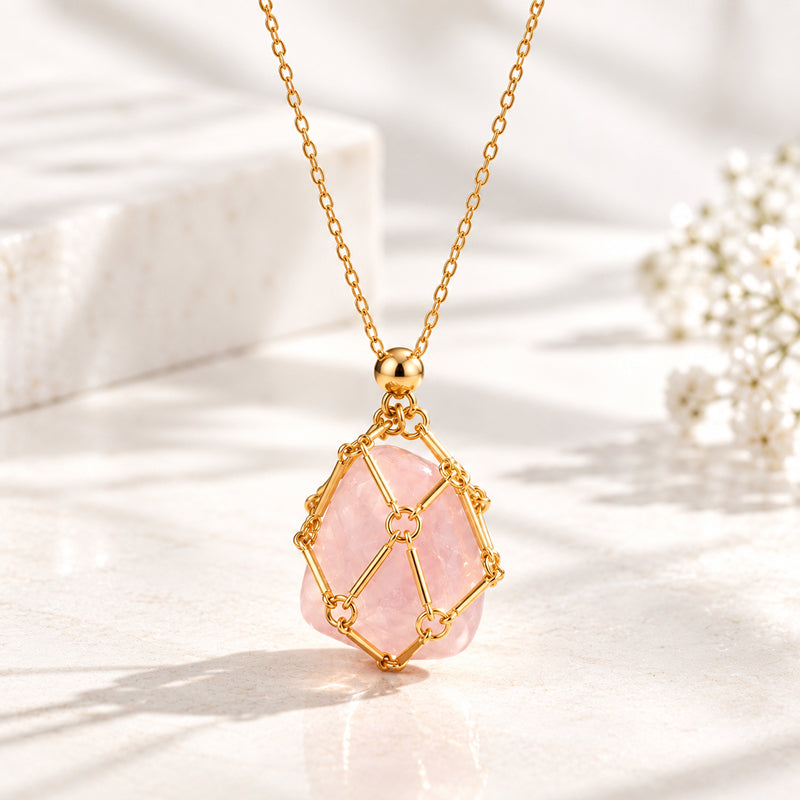 Rose Quartz Elara Woven Heart 18K Real Gold Plated Necklace