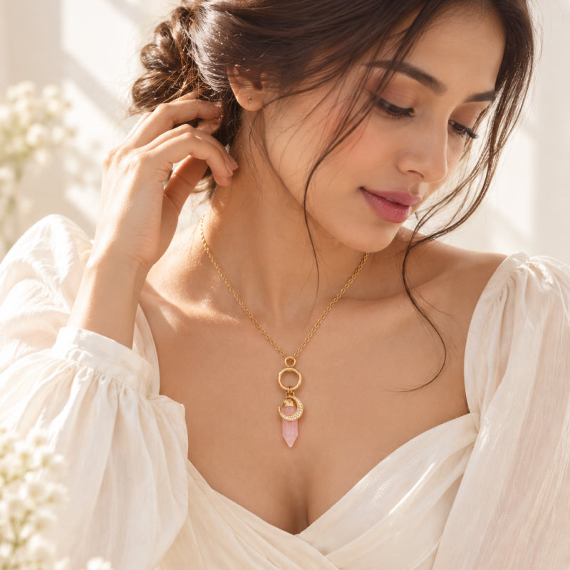 Elara Rose Quartz Moon Necklace